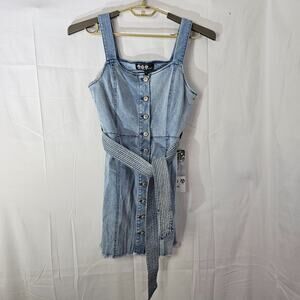 Rewash Womens Denim Mini Dress Blue Wide Strap Button Belt Bodycon Sz Small NEW